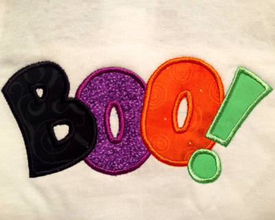 The word "BOO!" in 4 different applique fabrics.