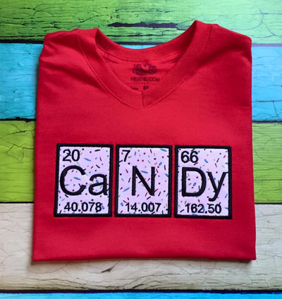 Applique that says "CANDY" spelled out in periodic table element cards.