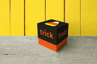 Candy corn cube box with "trick" and "treat" along the sides.