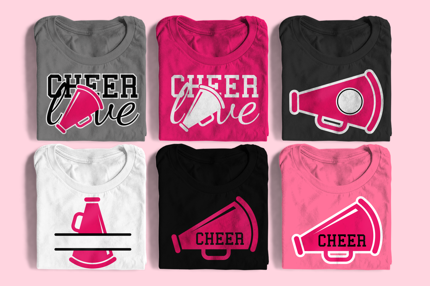 Six folded shirts, each with a different Cheerleading themed design: Megaphone with the word CHEER as a single color, Megaphone with the word CHEER as a multi-color design with a background outline, Megaphone split,  Megaphone with a circle cut out of the middle, , The phrase "CHEER love" with a megaphone in place of the O as a single color, The phrase "CHEER love" with a megaphone in place of the O as a multi-color design with a background outline