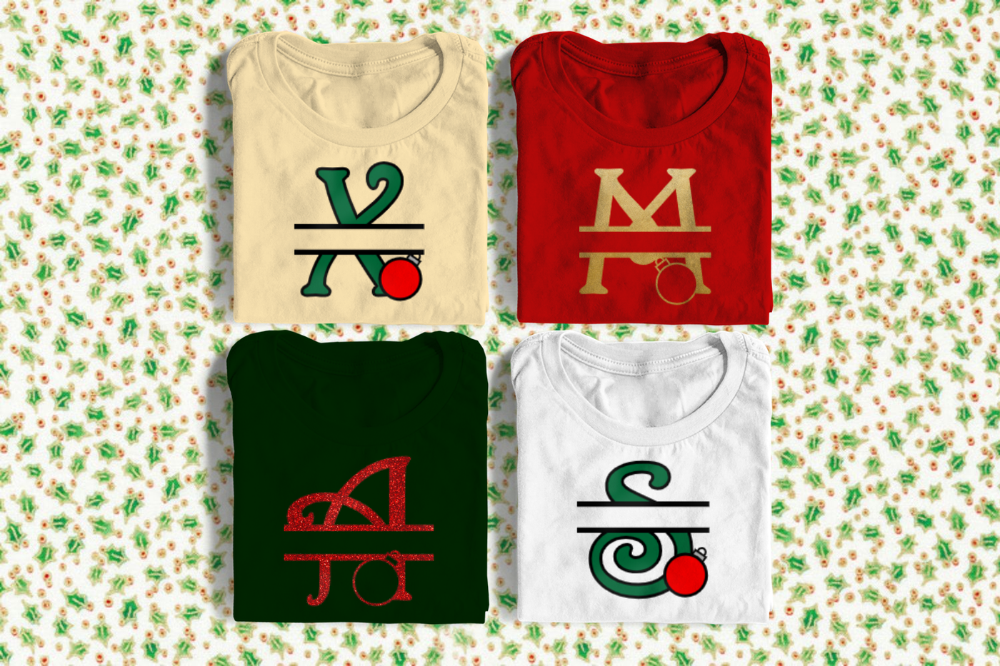 Four folded shirts in Christmas colors. One each shirt is a different letter with a split in the middle and an ornament sitting in front. 
