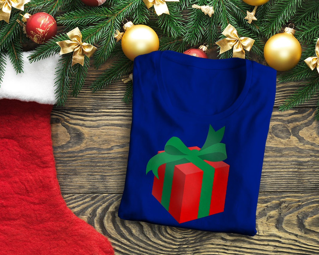 Blue folded tee with a gift box design.