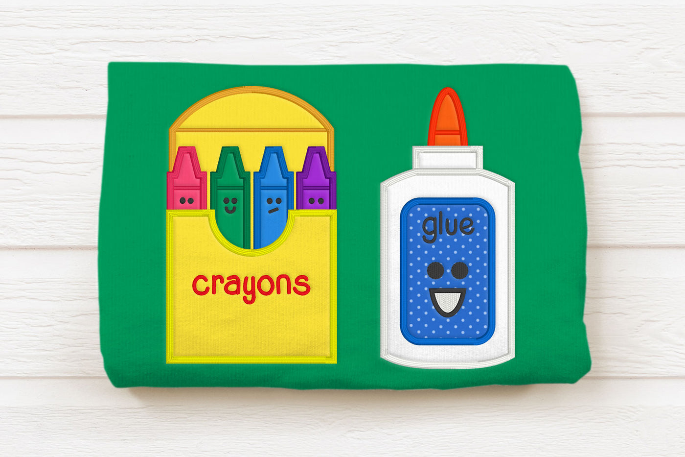 glue bottle and crayon box applique embroidery design