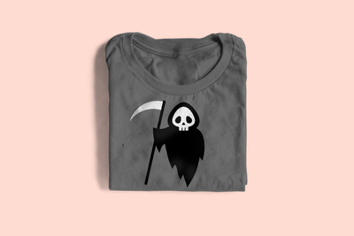 A grey shirt featuring an adorable grim reaper.