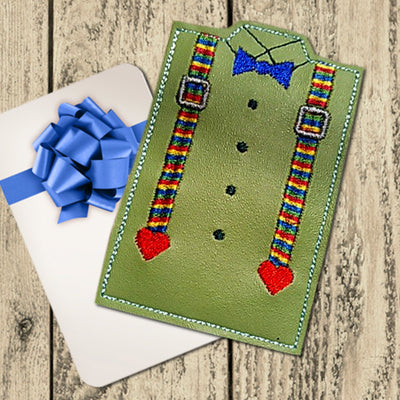 Gift card holder that resembles a shirt with a bow tie and suspenders.