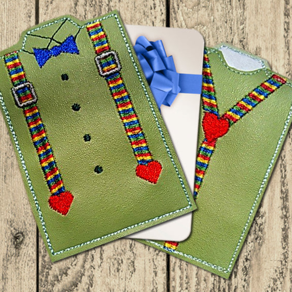 Gift card holder that resembles a shirt with a bow tie and suspenders.