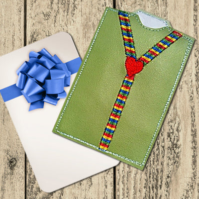 Gift card holder that resembles a shirt with suspenders.