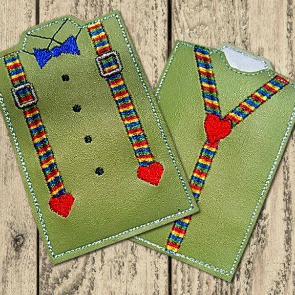 Gift card holder made out of vinyl, showing the front and back sides.  It resembles a shirt with a bow tie and suspenders.