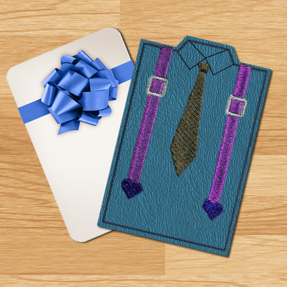 Vinyl gift card holder that looks like a shirt with a neck tie and suspenders.