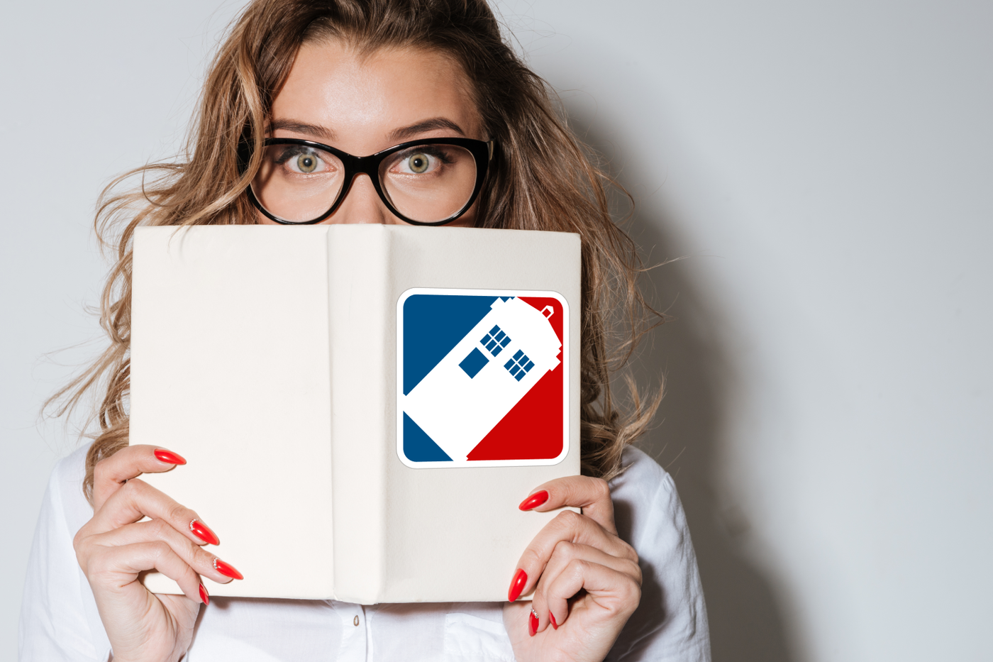 White woman holding a book with a sports parody logo of a phone box