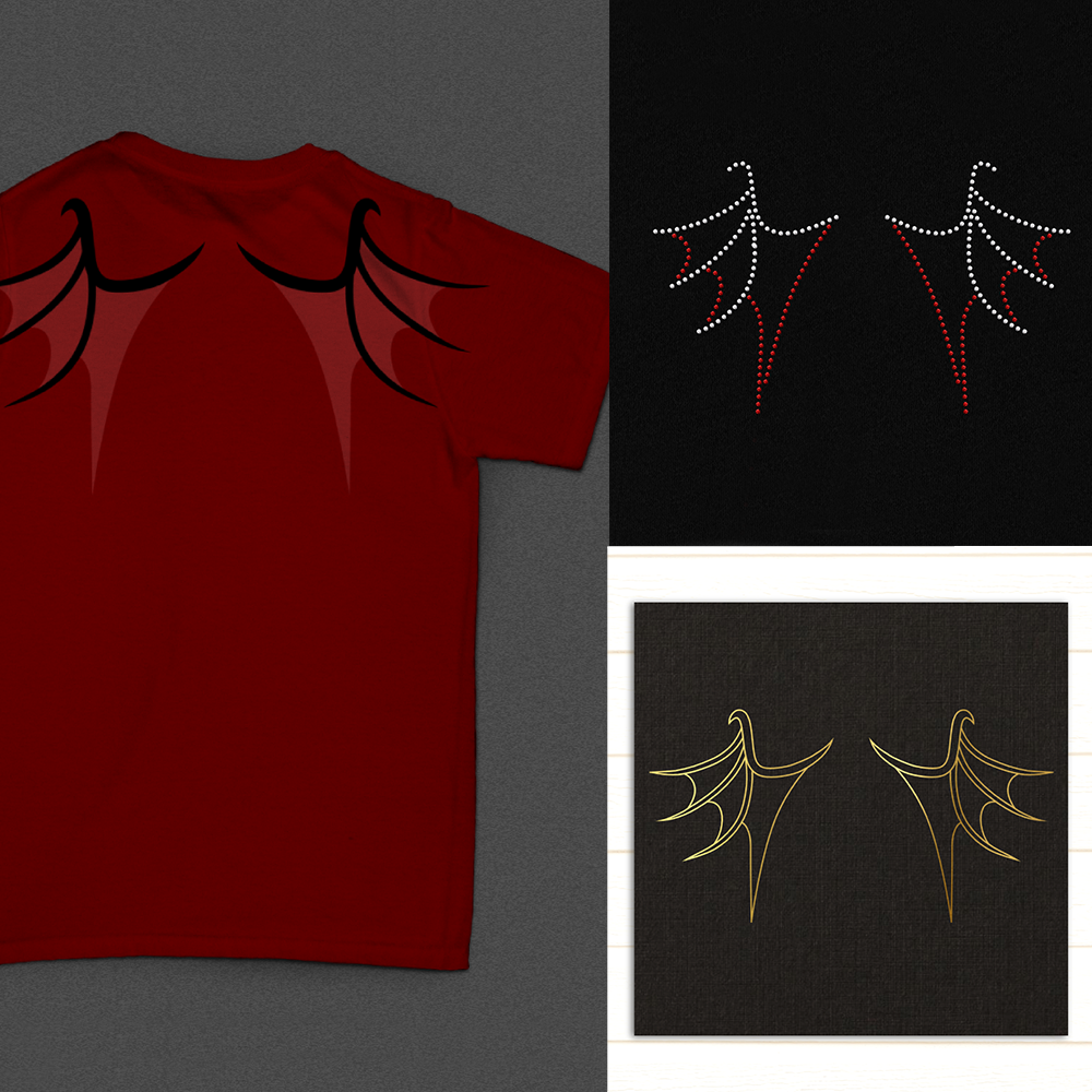 A collage of 3 images. At the left is a red shirt with dragon wings on the shoulders. At the upper right is a pair of dragon wings on a black background made from red and clear rhinestones. At the lower right is a black card with the line drawing of dragon wings in gold foil.