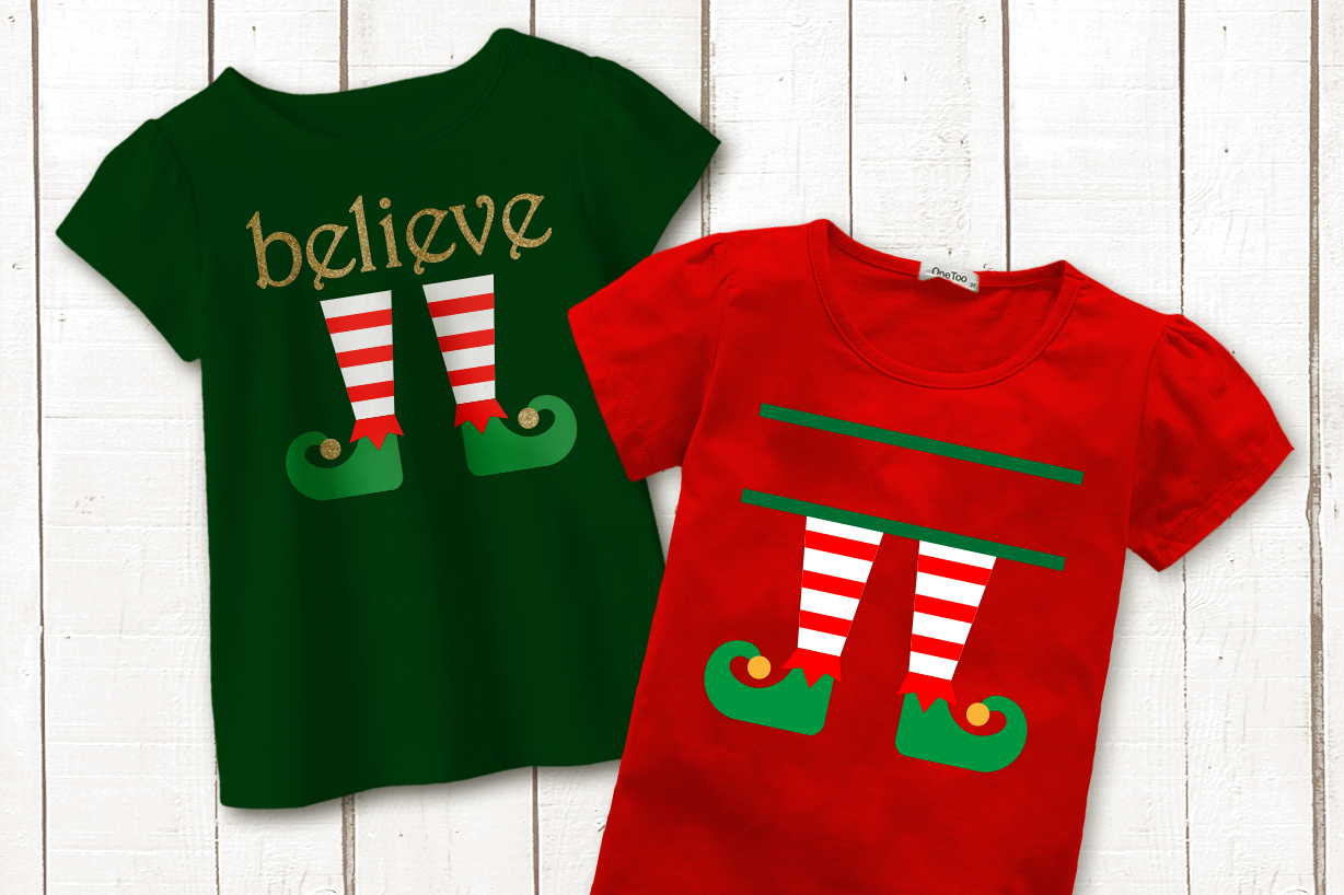 Two child's tees. One says "believe" with elf legs below. The other has elf legs with a split space above.