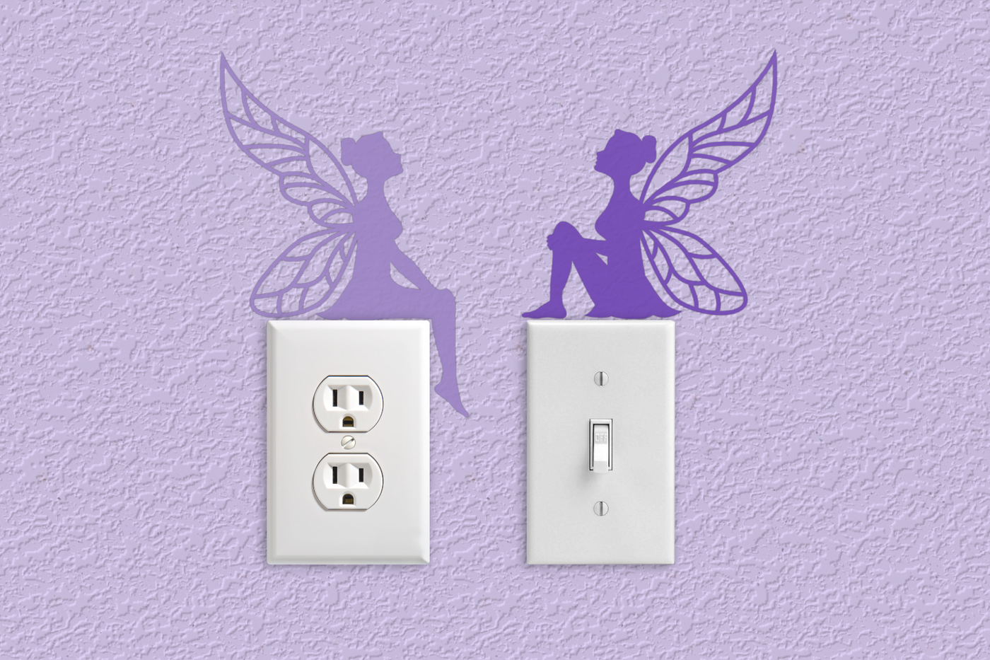 A light switch and outlet on a lavender wall. Sitting on the covers are two fairy silhouettes in purple with detailed wings.