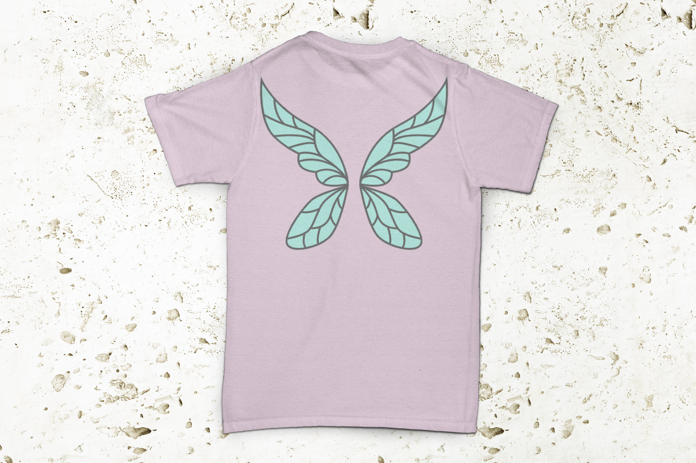 Detailed fairy wings on the back of a lavender shirt.