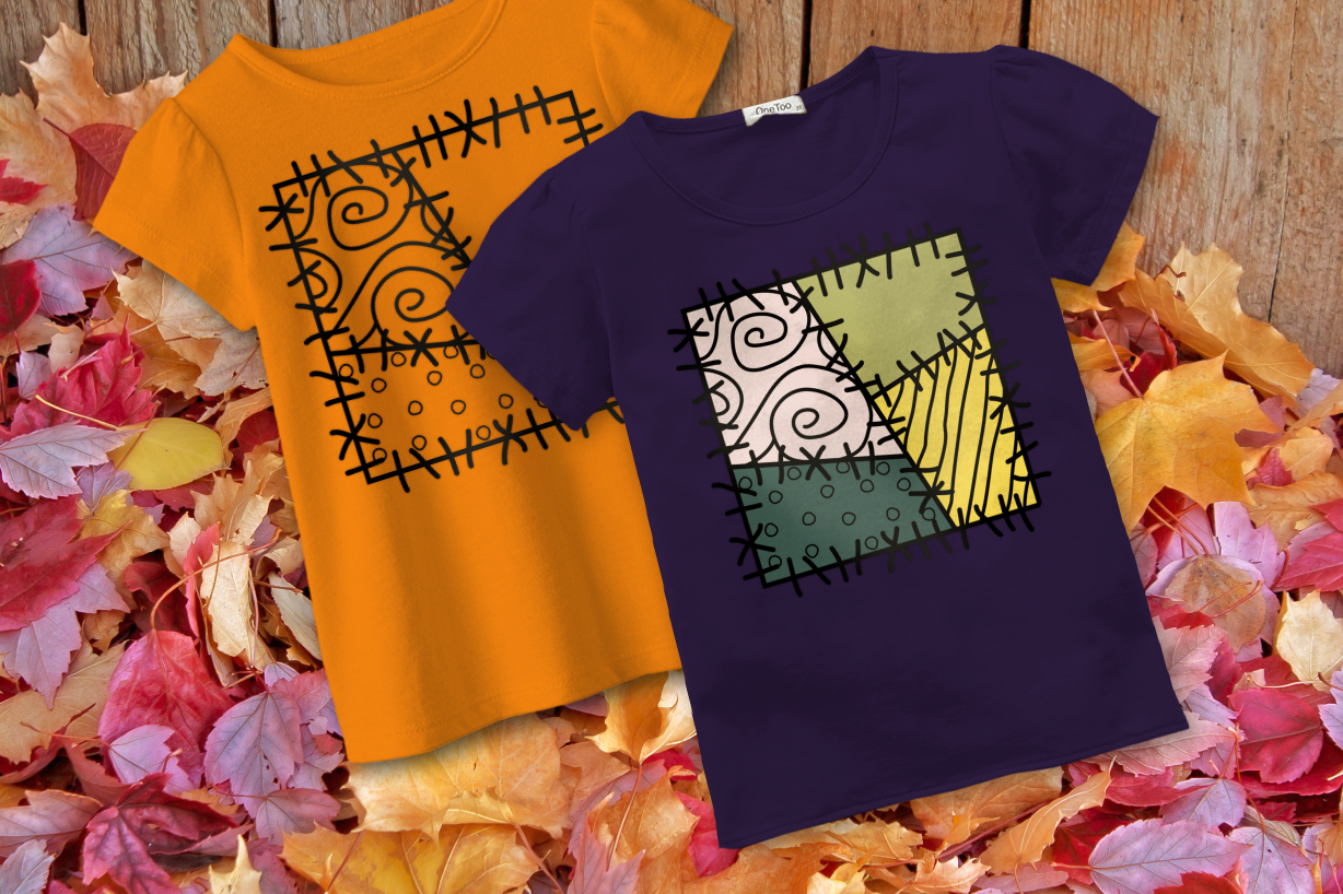 Two shirts, each with a patchwork square design. 