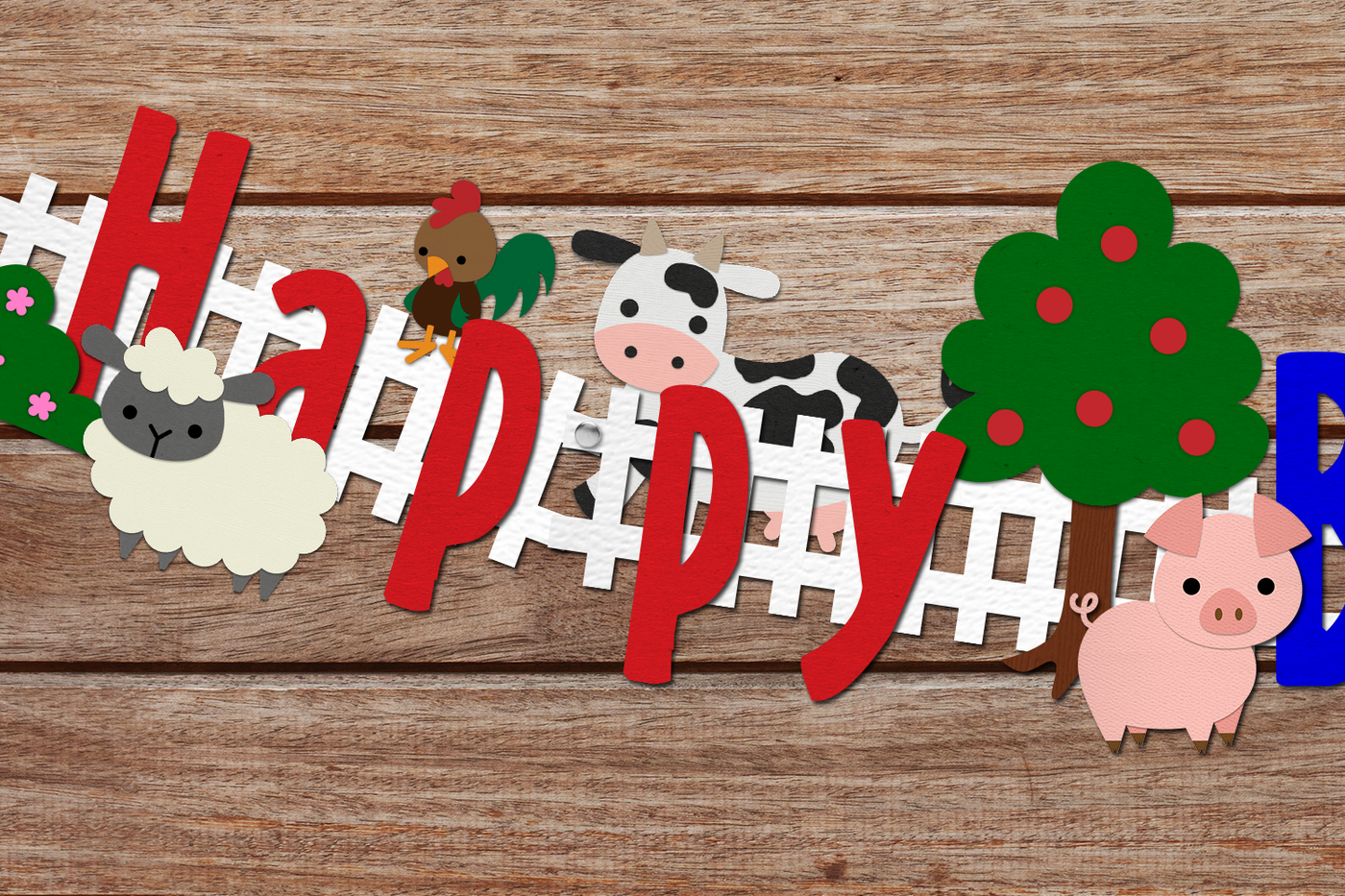 A banner made from paper that resembles a white picket fence with various farm animals. Has the word "Happy" on it.