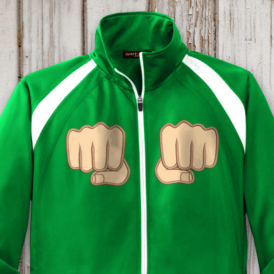 A green track jacket with two applique fists.