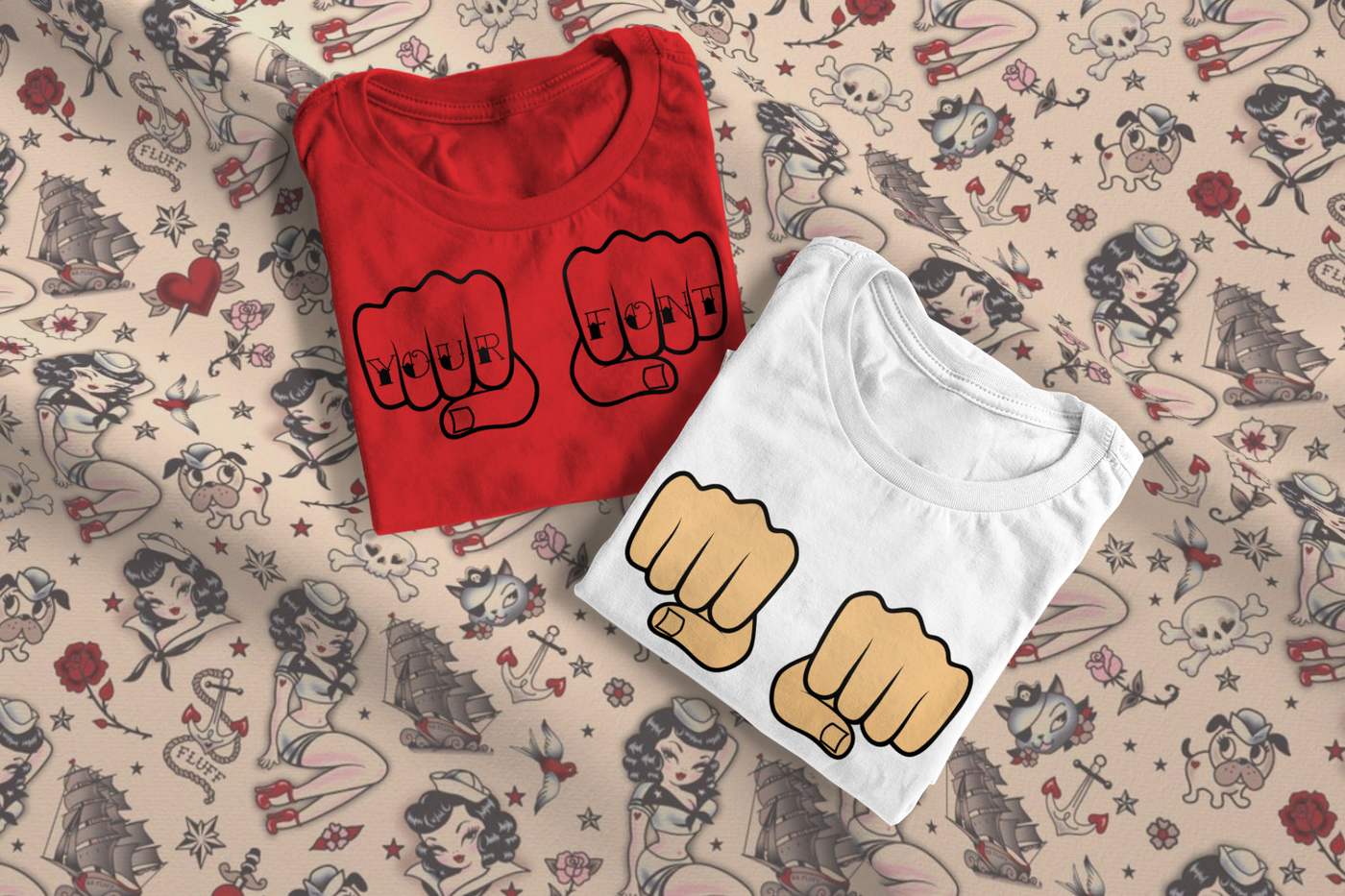 Two folded tees. Each has a pair of fists. One if the shirts has letters on the knuckles spelling out "YOUR FONT"