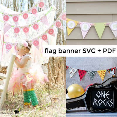Collage of 3 flag banner SVG + PDF design images. One has an Asian baby in a tutu under a banner that says "Happy 1st birthday."