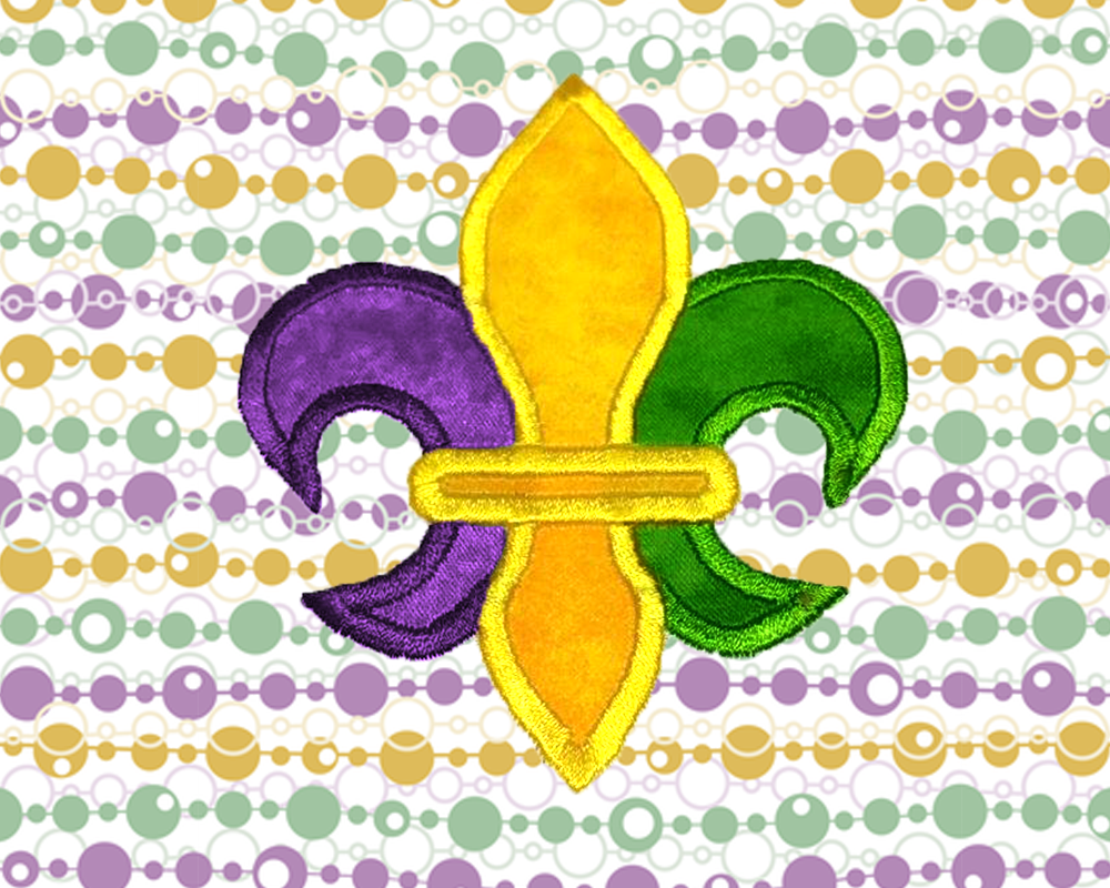 Fleur de lis applique design in purple, yellow, and green.