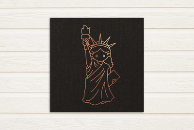 A line drawing of a cartoon version of the Statue of Liberty as a child in copper foil.