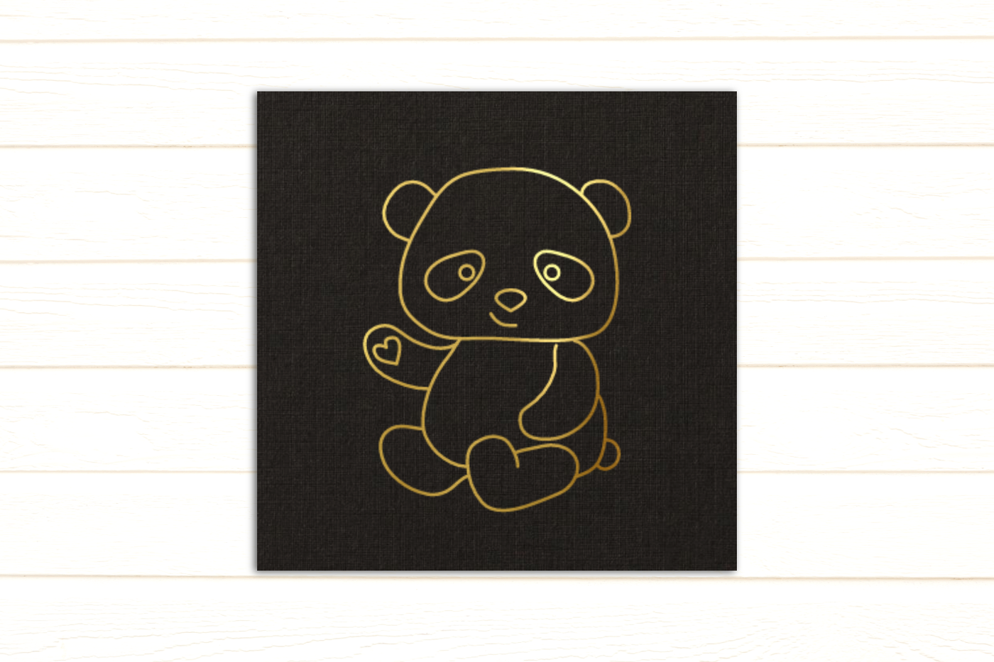 Single line sketch of a waving panda bear in gold foil