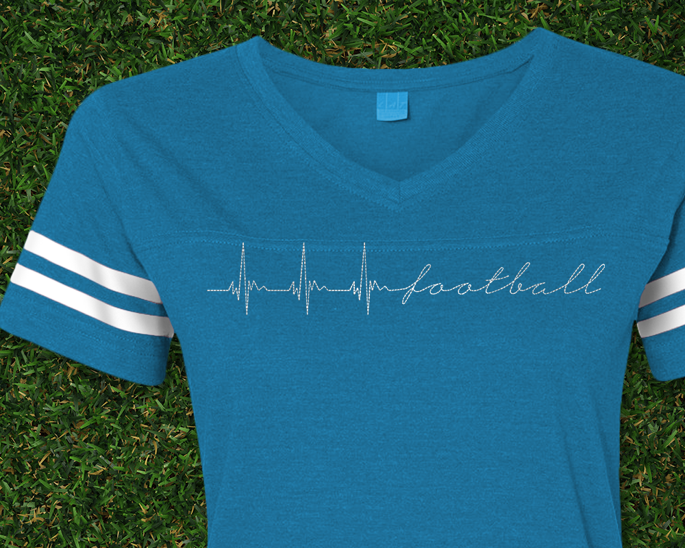 Blue shirt with a white embroidery of a sinus rhythm that spells out "football" at the end