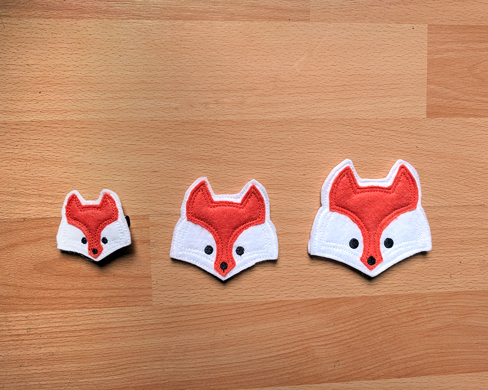 Fox face felties in 3 sizes.