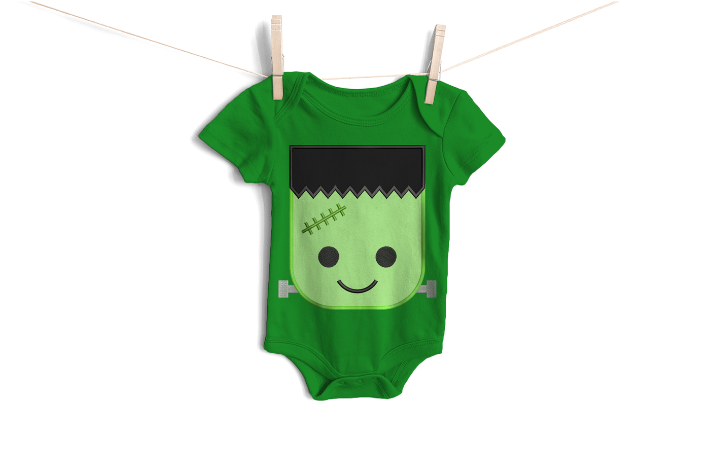 Cute Frankenstein's monster face on a green baby onesie