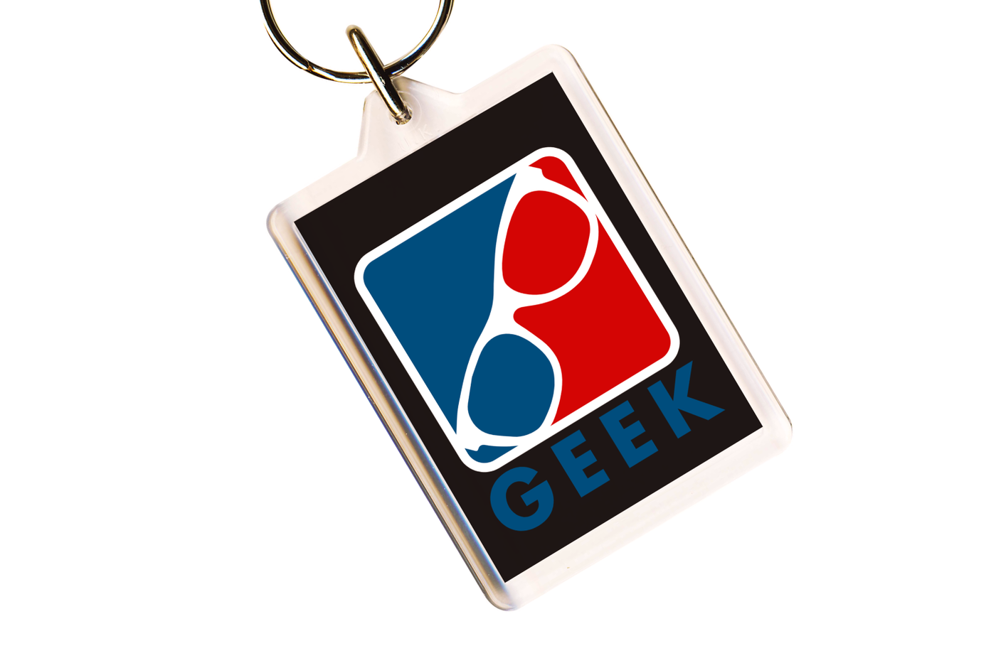 A keychain with a logo resembling pro sports in red and blue with a white pair of geeky glasses. Below it says "GEEK."