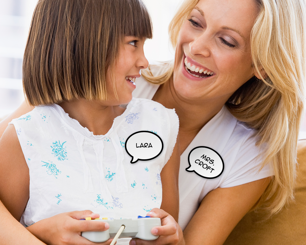 A white woman hugs a little girl holding a video game controller. They each have a name tag that looks like a comic speech bubble. The girl's says "LARA" and the woman's says "MRS. CROFT."
