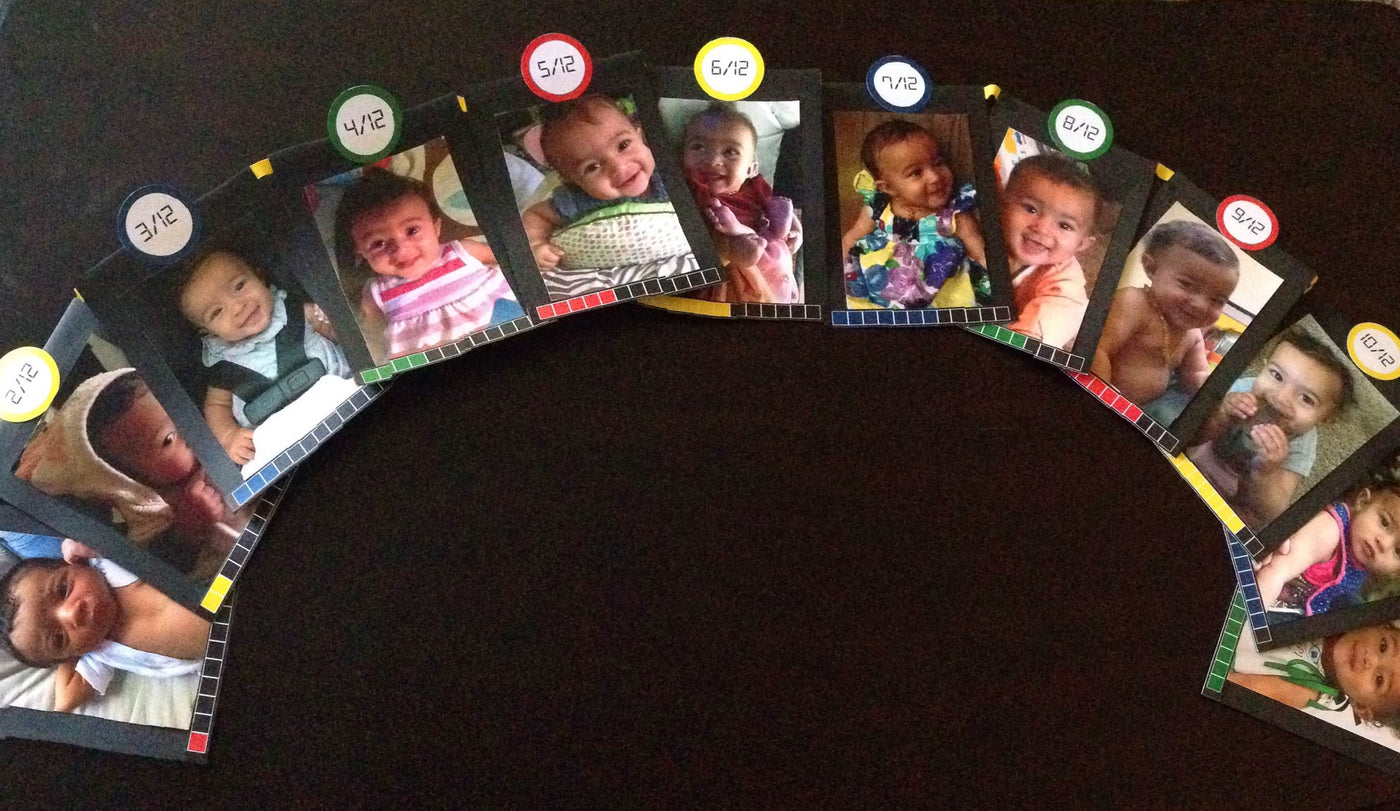 A photo banner. Each has a photo of a black baby girl at a different age. Below is a life meter. Above is a circle indicating the number of months out of 12. For the last, it says "Level up!"