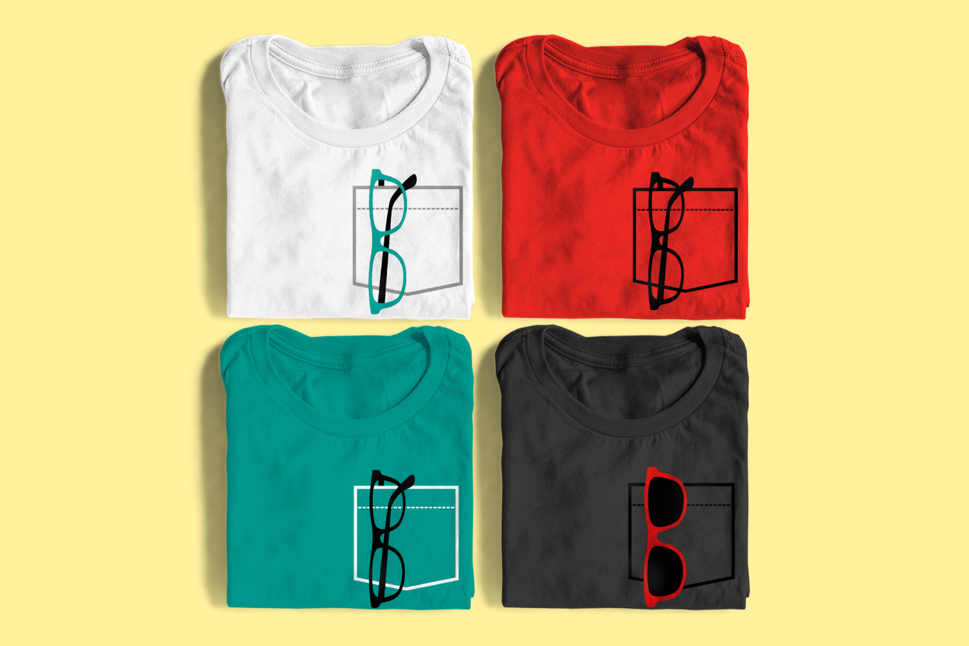 Four folded tees. Each has a faux pocket design with glasses hanging from it.
