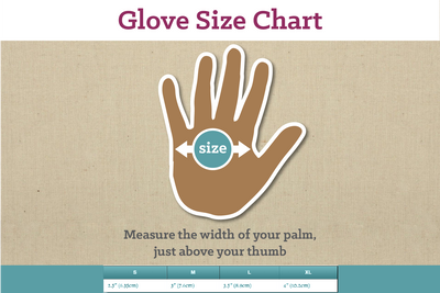 Glove Size chart. Measure the width of your palm, just above your thumb. Small = 2.5 inches, Medium = 3 inches, Large = 3.5 inches, XL = 4 inches.