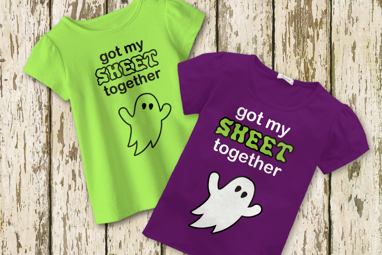 Two shirts. Each says "got my sheet together" with a cute ghost.