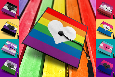 Grid design with a large image in the middle and 8 smaller images at the left and right. Each has a graduation cap with stripes and a large heart in the middle. The stripes are various pride flags.
