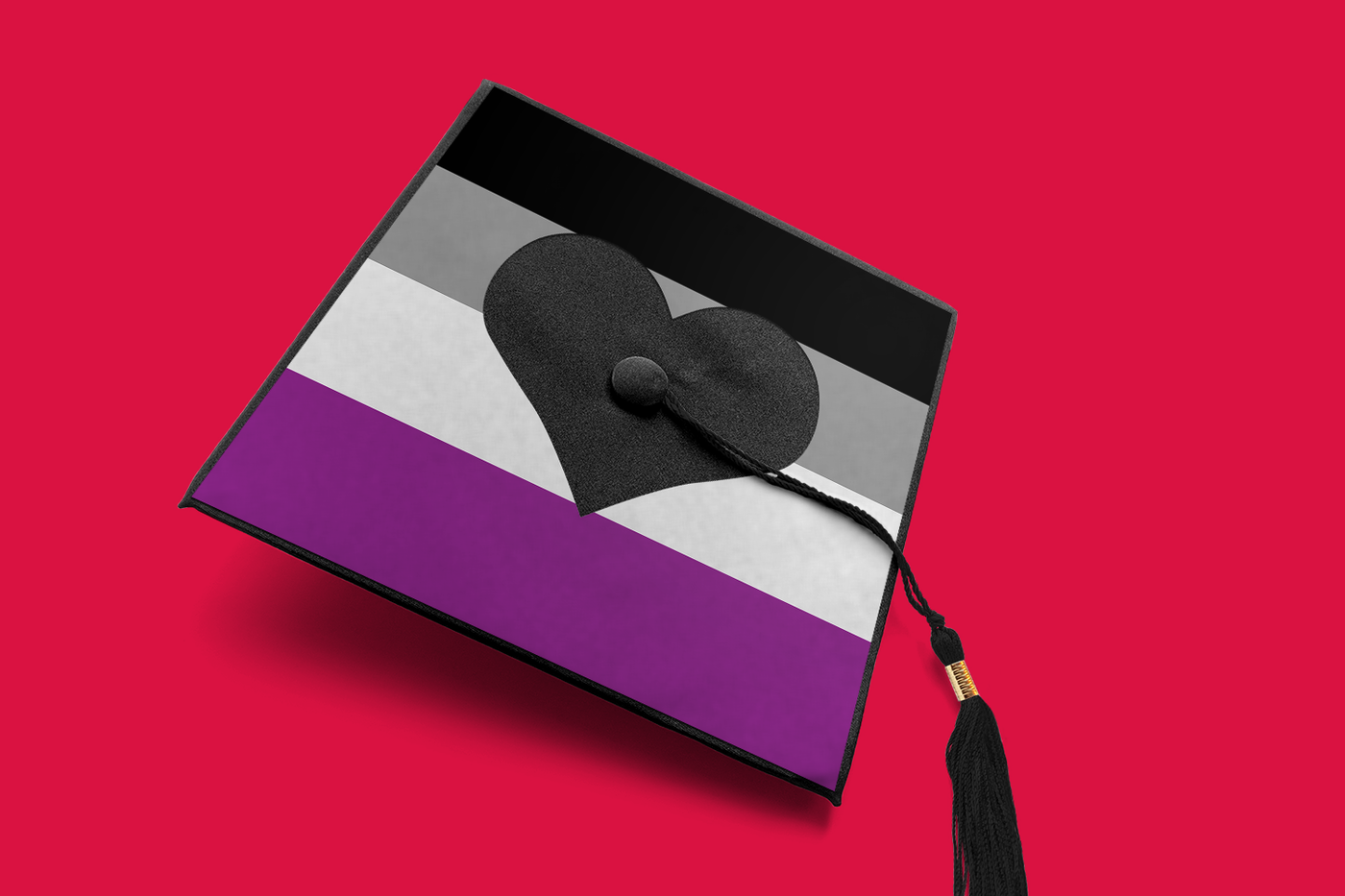 Grad cap with stripes and a large heart. The stripes are in the colors of a pride flag.