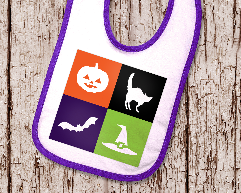 Baby bib with 4 squares, each containing a different spooky symbol silhouette. This includes a jack-o-lantern, a scared cat, a witch hat, and a flying bat. 