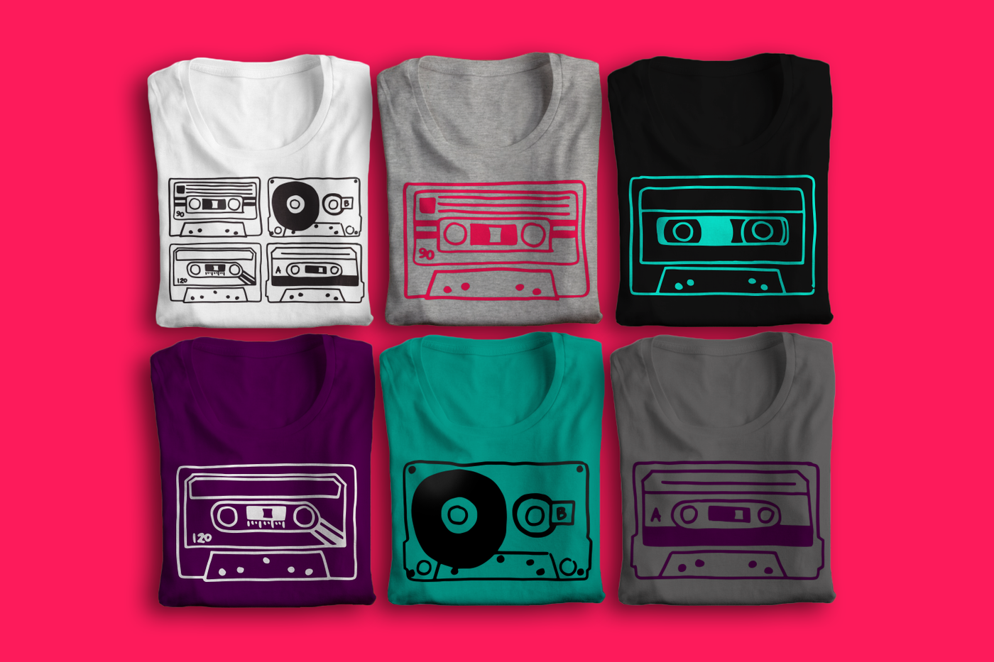Six folded tees, each with a different mix tape design in a hand drawn style.