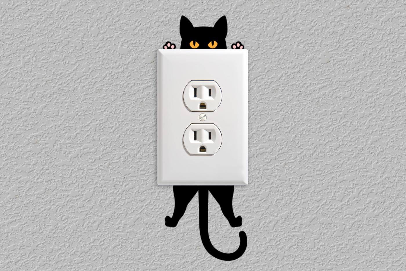 Outlet cover with a cat design on the wall behind it, making it look like the cat is hanging from behind the cover.