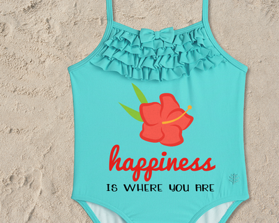 Baby swimsuit with a hibiscus flower design and the words "happiness is where you are"