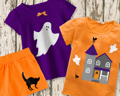 Black cat on a child's skirt, ghost on a child's tee, and a haunted house on a child's tee.