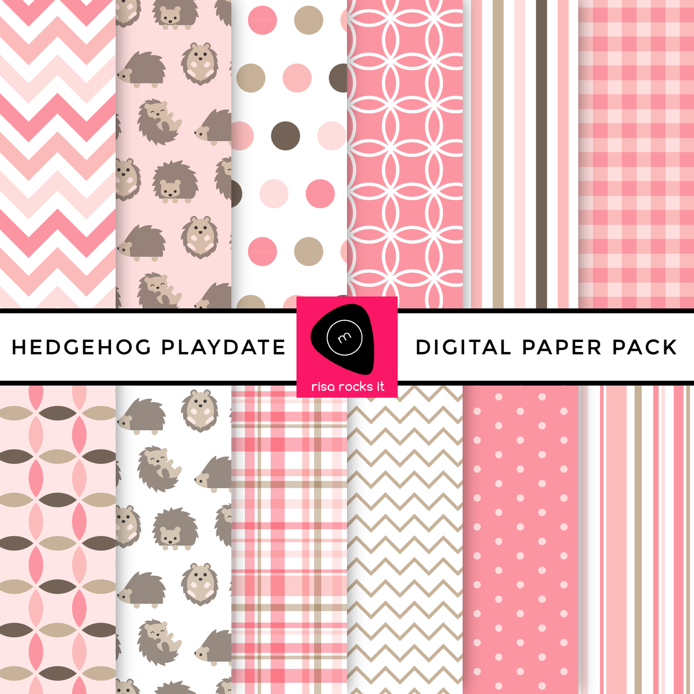 Hedgehog playdate digital paper pack by Risa Rocks It. A collection of 12 paper patterns in shades of pink, tan, and grey-brown.