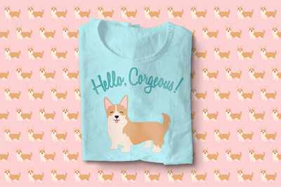 A folded tee with a cute smiling corgi. Above are the words "Hello, Corgeous!"