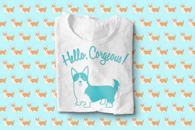 A folded tee with a cute smiling corgi. Above are the words "Hello, Corgeous!"