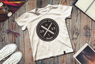 Tee with a round hipster logo design for grads, class of 2025 shown.