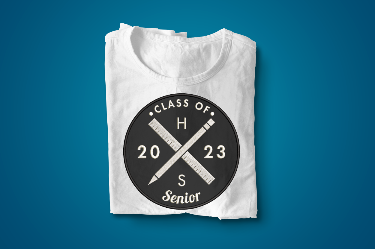 Round hipster logo applique for grads, class of 2023