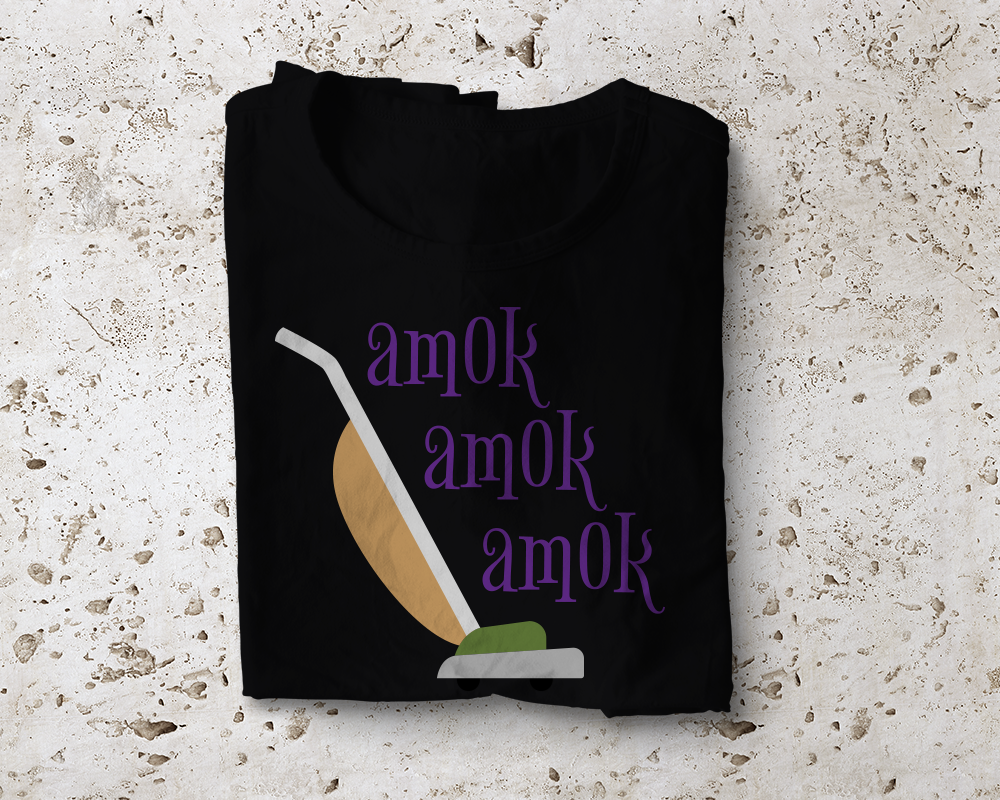 Black folded tee with an old fashioned vacuum and the words "amok amok amok."