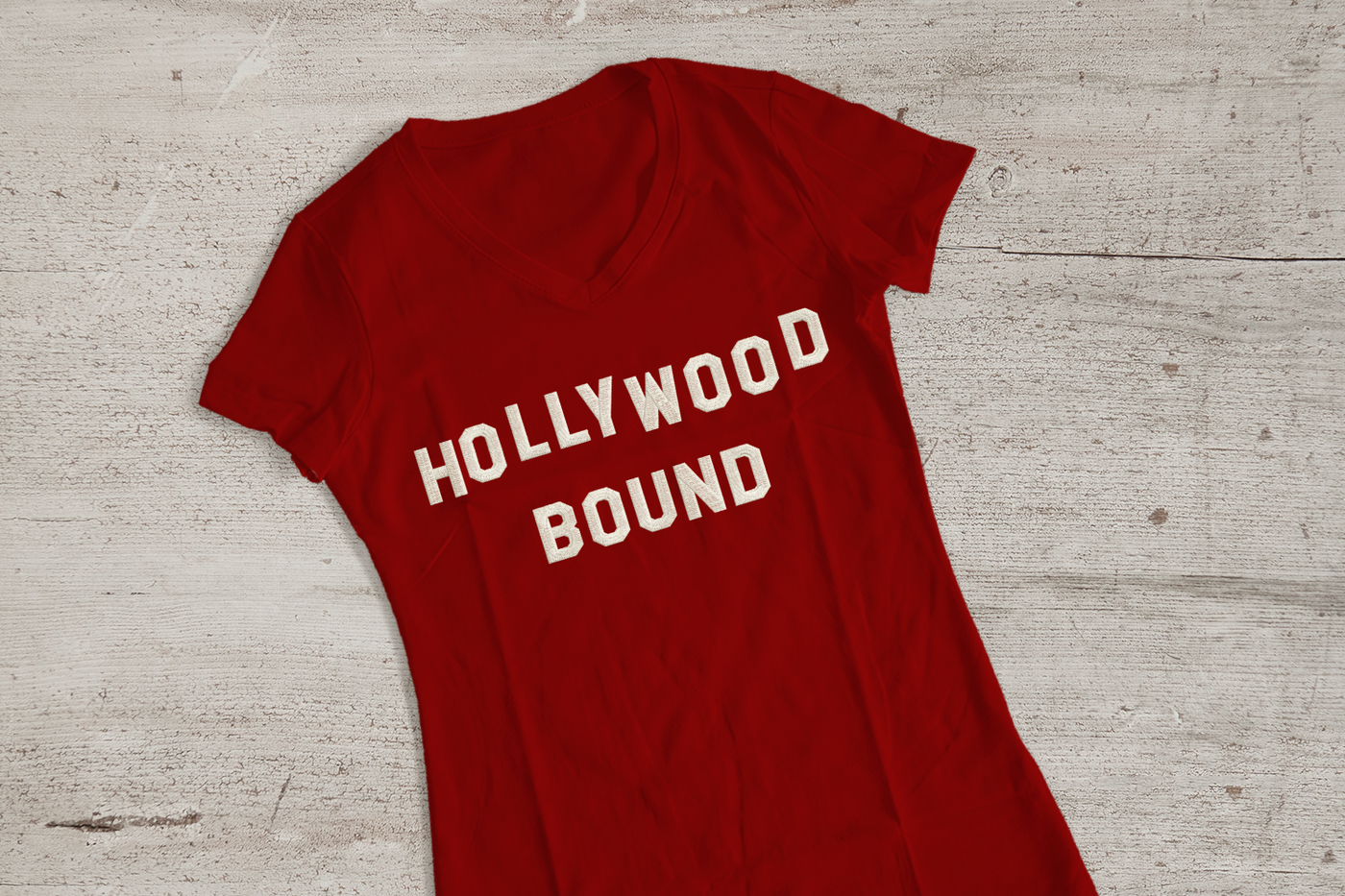 Tee embroidered with the words "Hollywood bound"