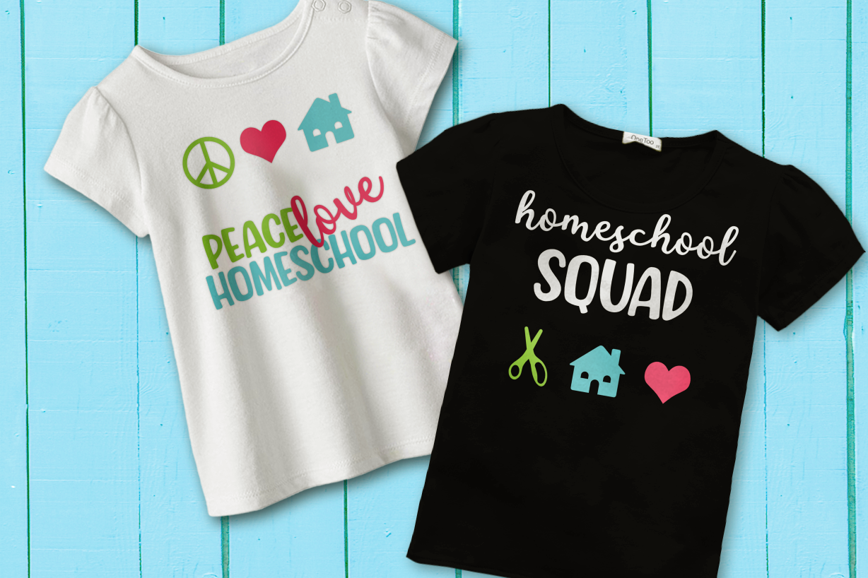 Two homeschool themed designs. One says "peace love homeschool" and the other says "homeschool squad." Both include cute little symbols to go along with the text.